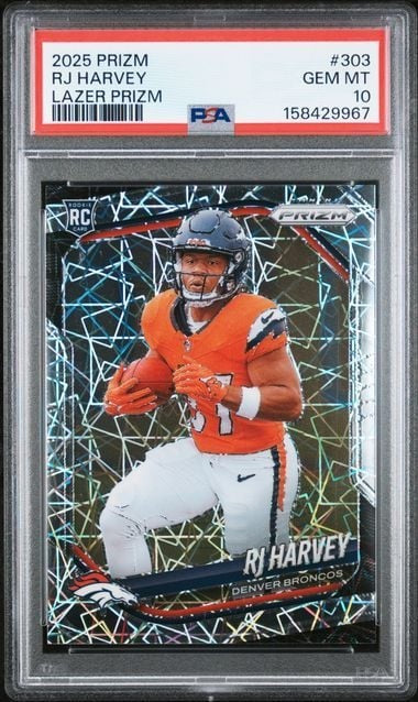 Graded 2025 Panini Prizm RJ Harvey #303 Lazer Prizm RC PSA 10 Gem Mint