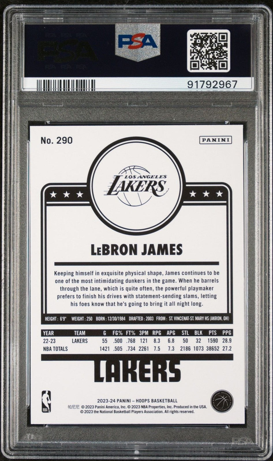 Graded 2023 Panini NBA Hoops LeBron James #290 Basketball Card PSA 10 Mint