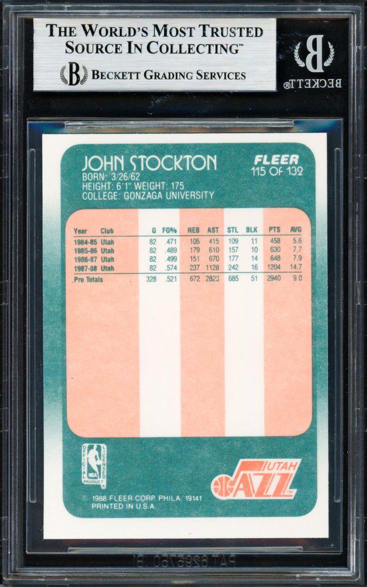 John Stockton Signed 1988-89 Fleer RC 115 Utah Jazz Beckett
