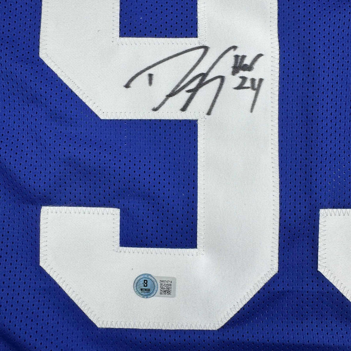 Autographed/Signed DWIGHT FREENEY Indianapolis Blue Football Jersey JSA COA Auto