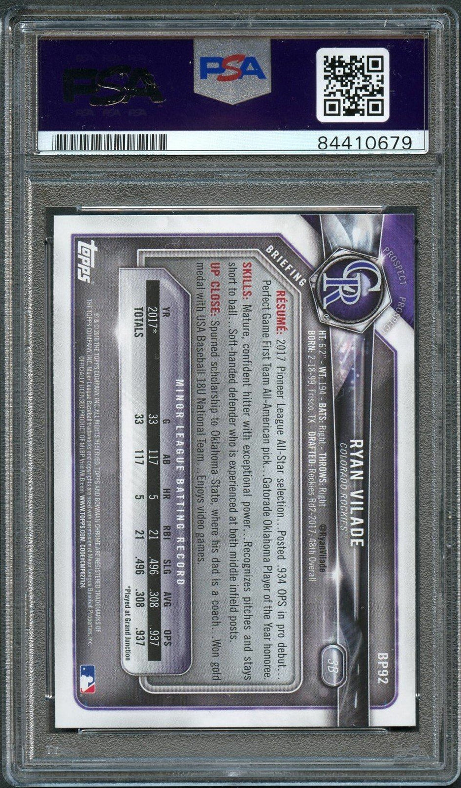2018 Bowman #BP92 Ryan Vilade Signed Card PSA Slabbed Auto Grade 10 Rockies