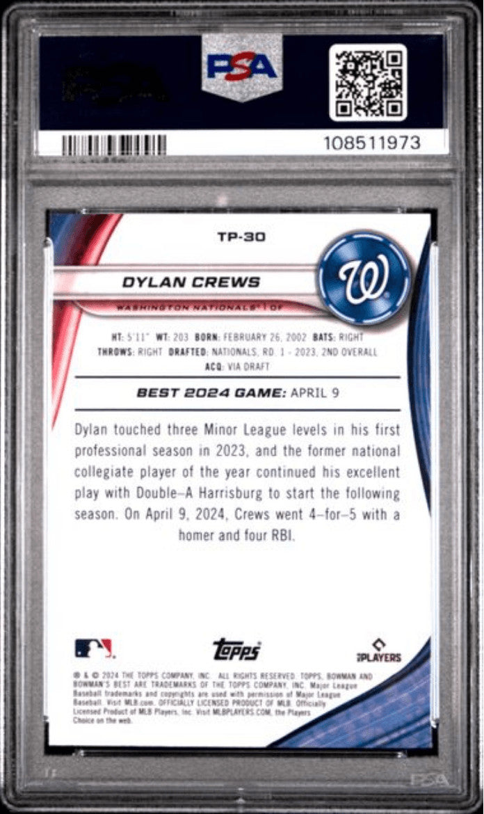 Graded 2024 Bowmans Best Dylan Crews TP30 Top Prospects RC Card PSA 10