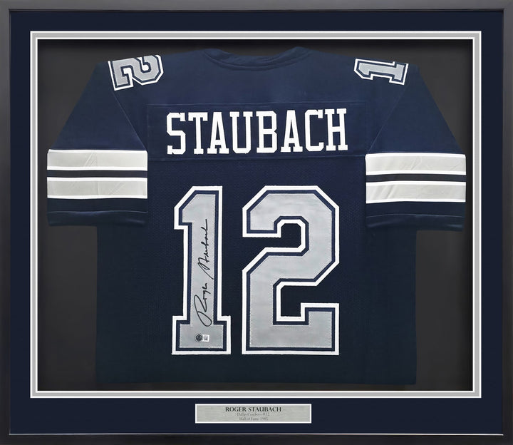 Dallas Cowboys Roger Staubach Signed Framed Navy Blue Jersey Beckett BAS Witness