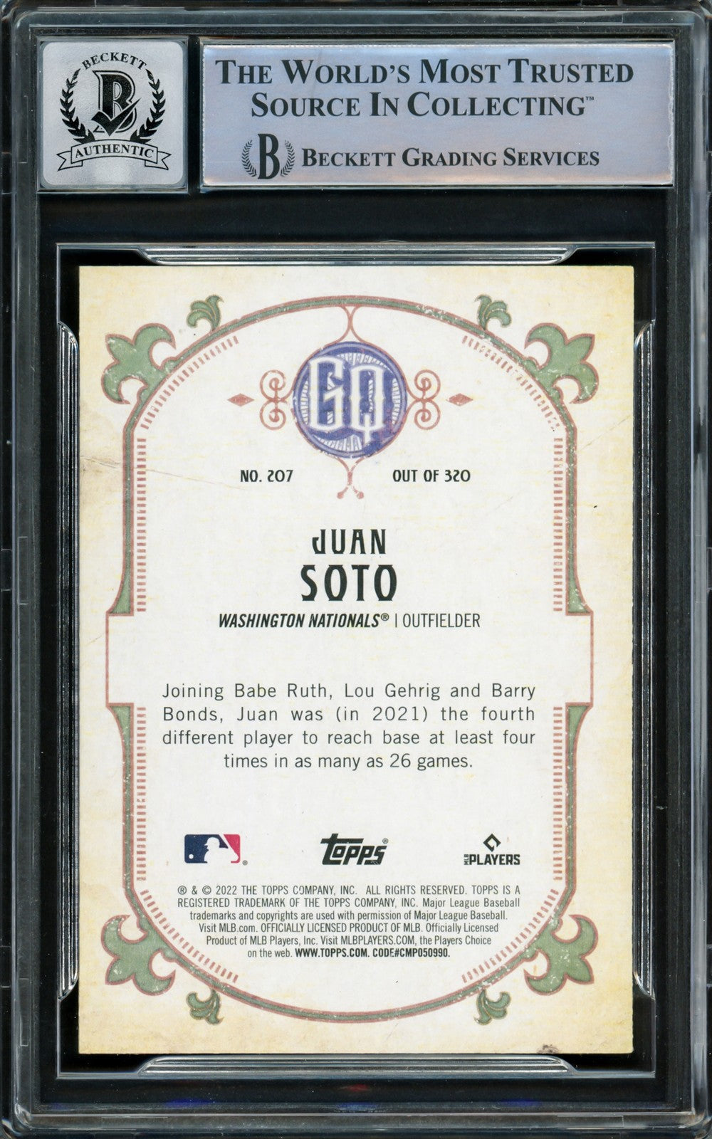 Juan Soto Signed 2022 Topps Gypsy Queen Card 207 Mets Auto GM 10 Beckett