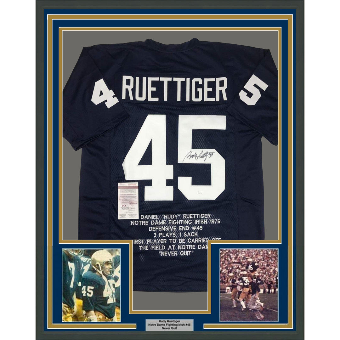 Framed Autographed/Signed Rudy Ruettiger 35x39 Notre Dame Stat Jersey JSA COA