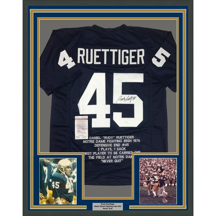 Framed Autographed/Signed Rudy Ruettiger 35x39 Notre Dame Stat Jersey JSA COA