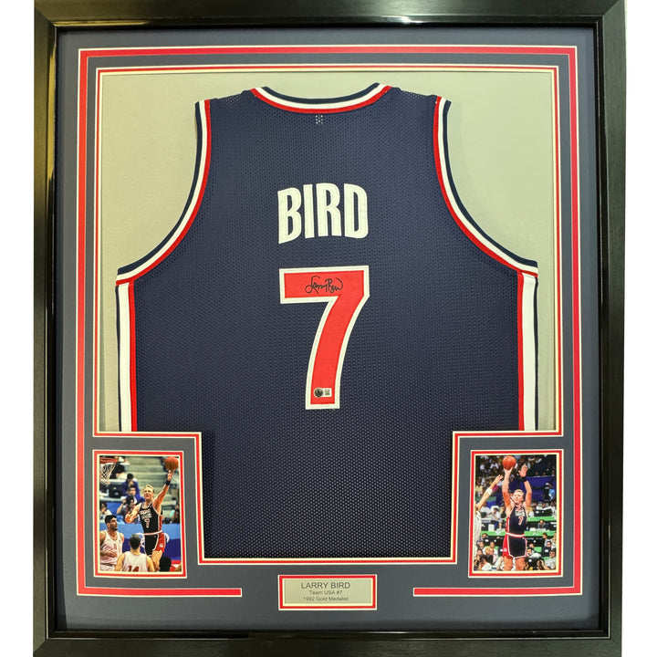 Framed Autographed/Signed Larry Bird 35x39 USA Blue 92 Dream Team Jersey BAS COA