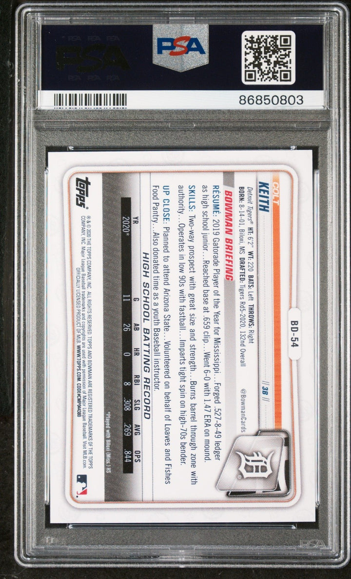 Graded 2020 Topps Bowman Draft Colt Keith #1st Edition RC Card PSA 10