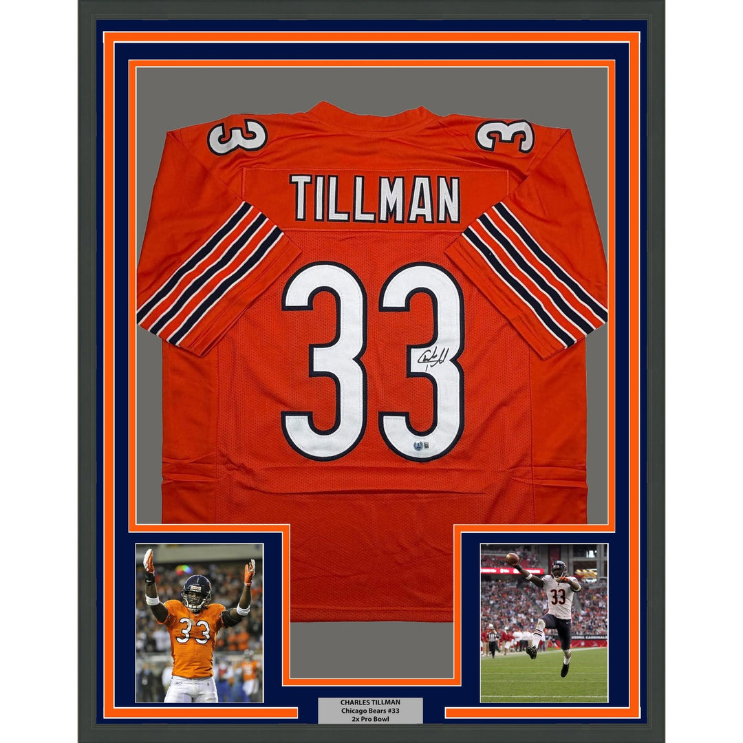 Framed Autographed/Signed Charles Tillman 35x39 Chicago Orange Jersey COA