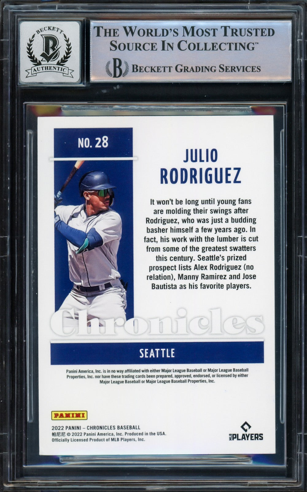Julio Rodriguez Auto Signed 2022 Panini Chronicles RC 28 Mariners Sig 10 Beckett