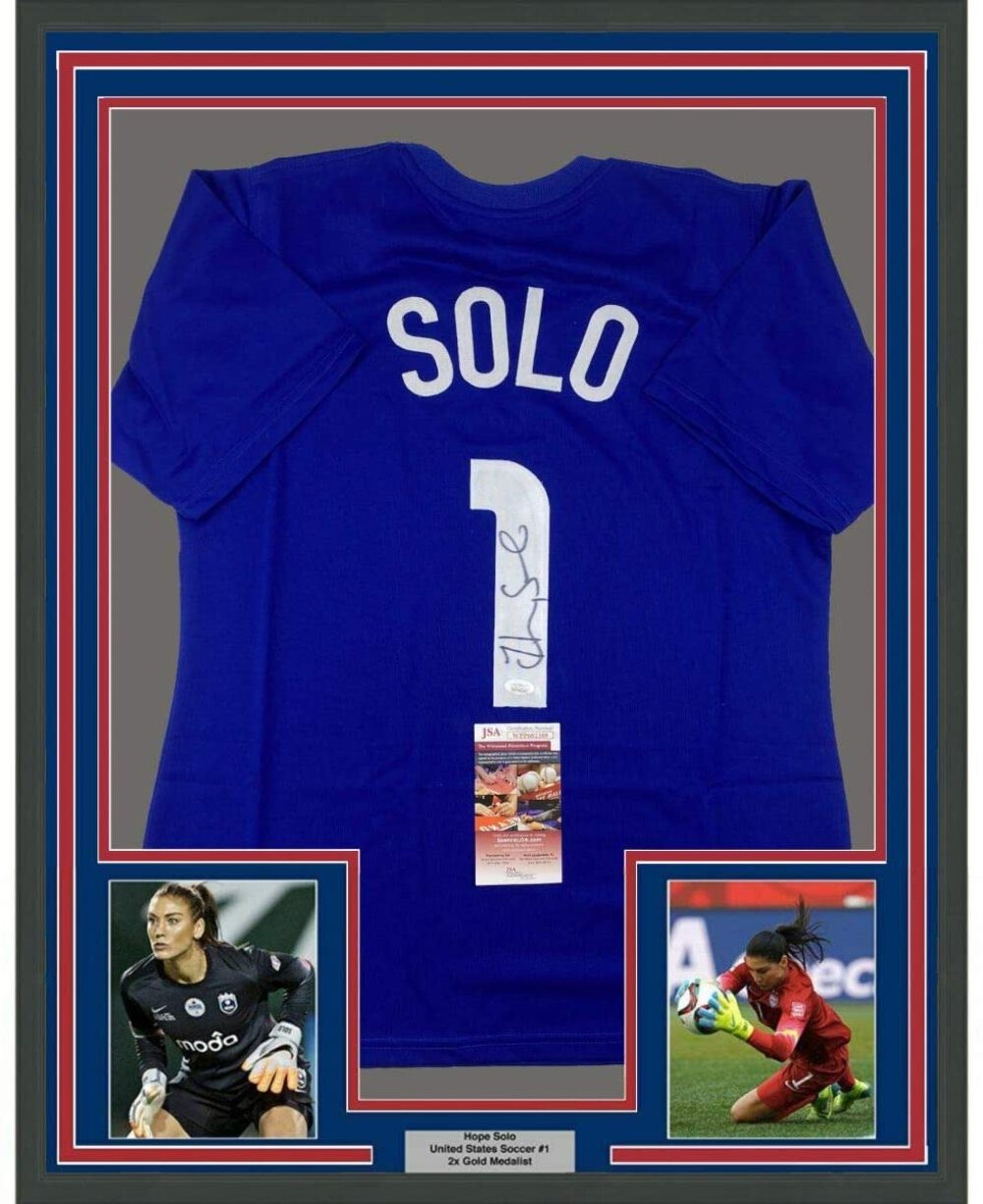 Framed Autographed/Signed Hope Solo 35x39 USA Blue Soccer Jersey JSA COA