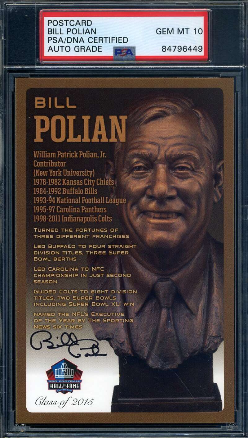 Bill Polian  Gem Mint 10 PSA DNA Signed HOF Bronze Bust Postcard Autographed