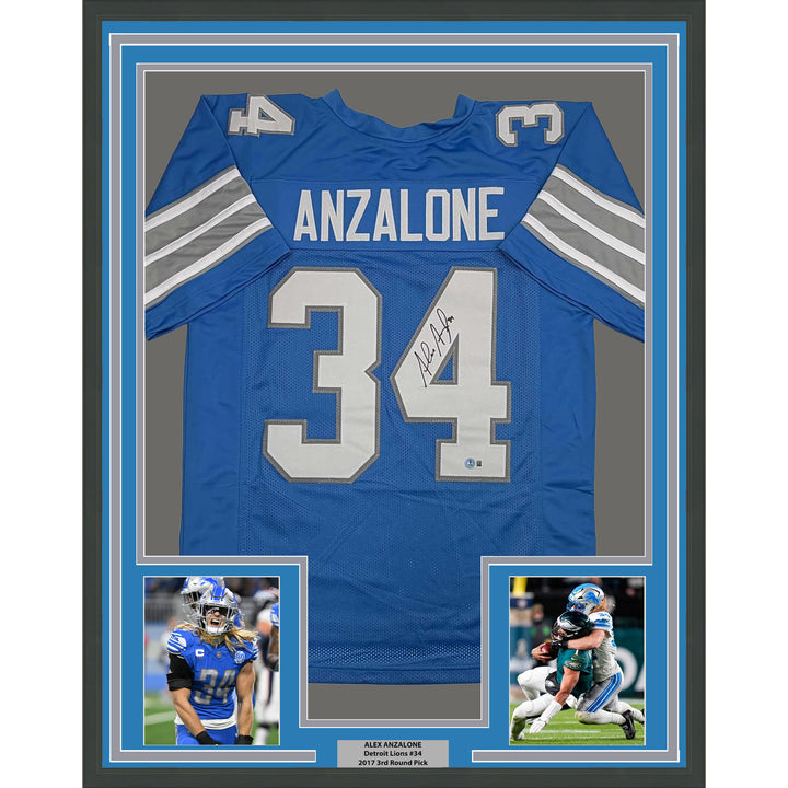 Framed Autographed/Signed Alex Anzalone 35x39 Detroit Blue Jersey Beckett COA