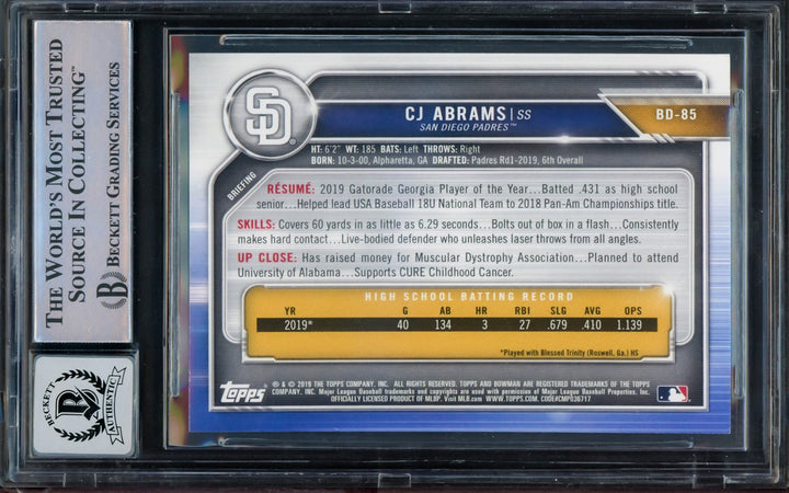 CJ Abrams Signed 2019 Bowman Draft RC BD85 Nationals BGS 9 Auto GM 10 Beckett