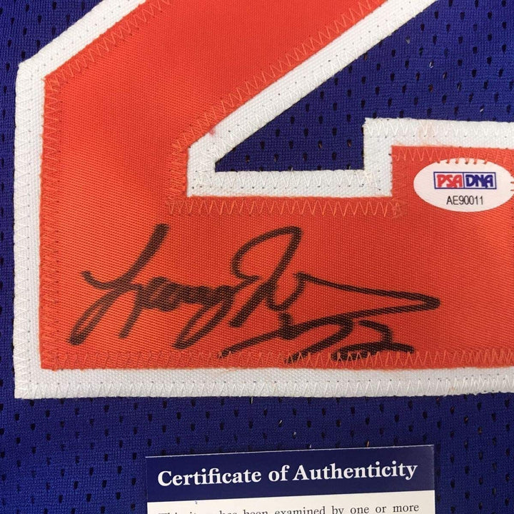 FRAMED Autographed/Signed LARRY JOHNSON 33x42 New York Blue Jersey PSA/DNA COA