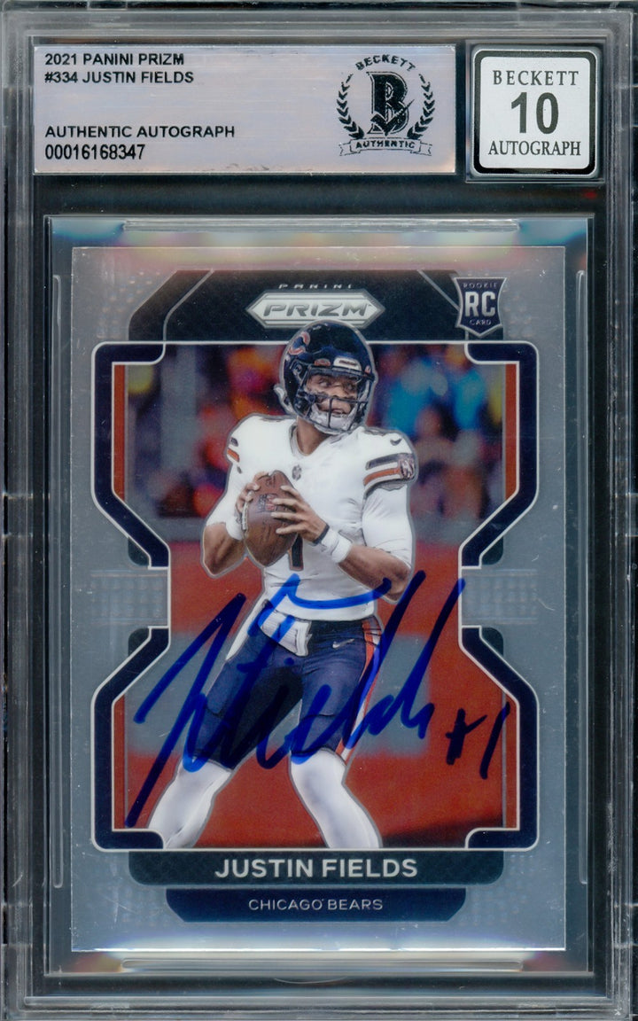 Justin Fields Signed 2021 Panini Prizm RC #334 Chicago Bears Auto GM 10 Beckett