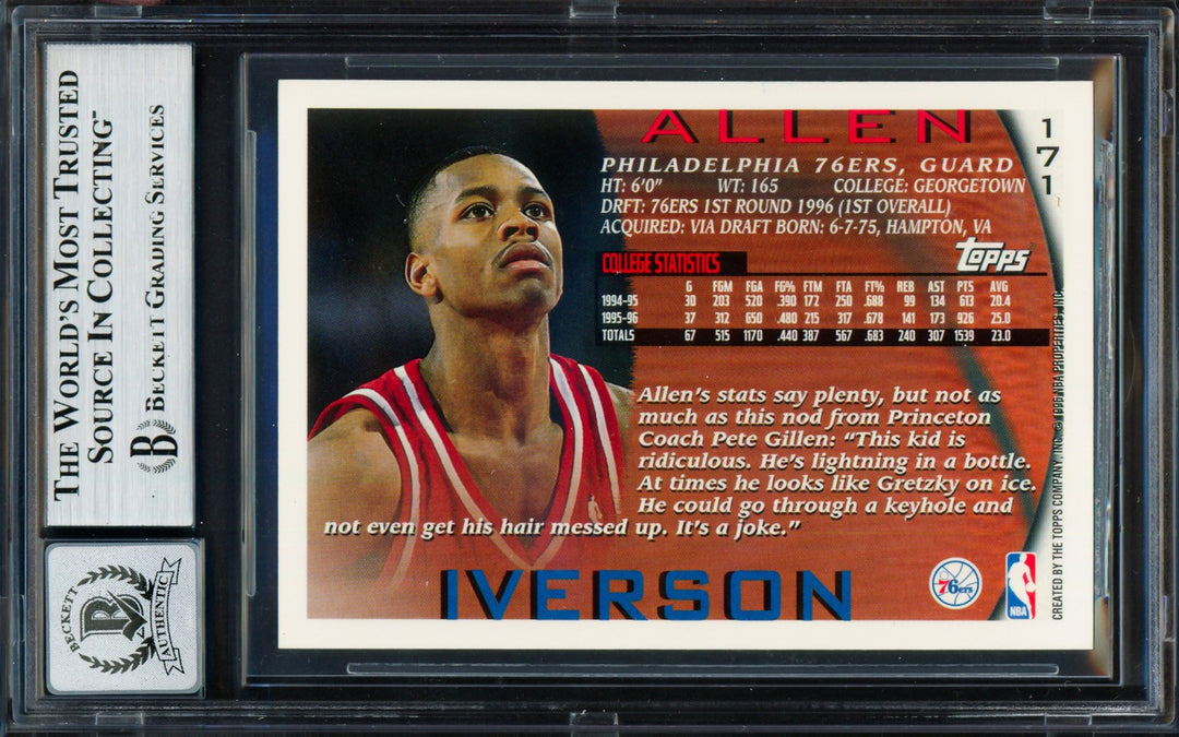 Allen Iverson Signed 1996-97 Topps RC 171 Philadelphia 76ers Auto GM 10 Beckett