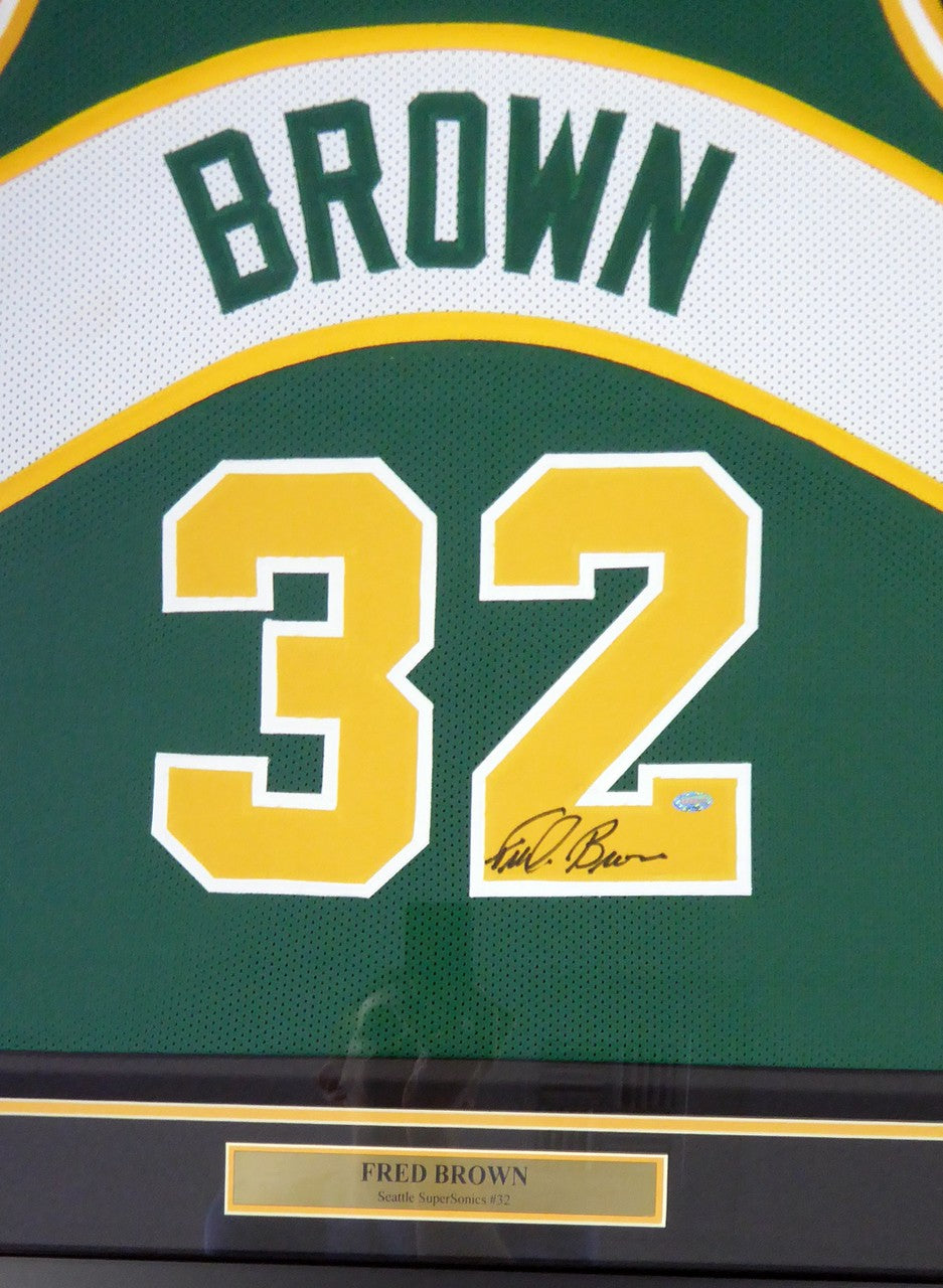 Seattle Sonics "Downtown" Fred Brown Signed Framed Green Jersey MCS Holo