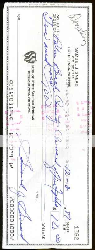 Sam Snead Signed Jsa Certified Check Authenticated Autograph