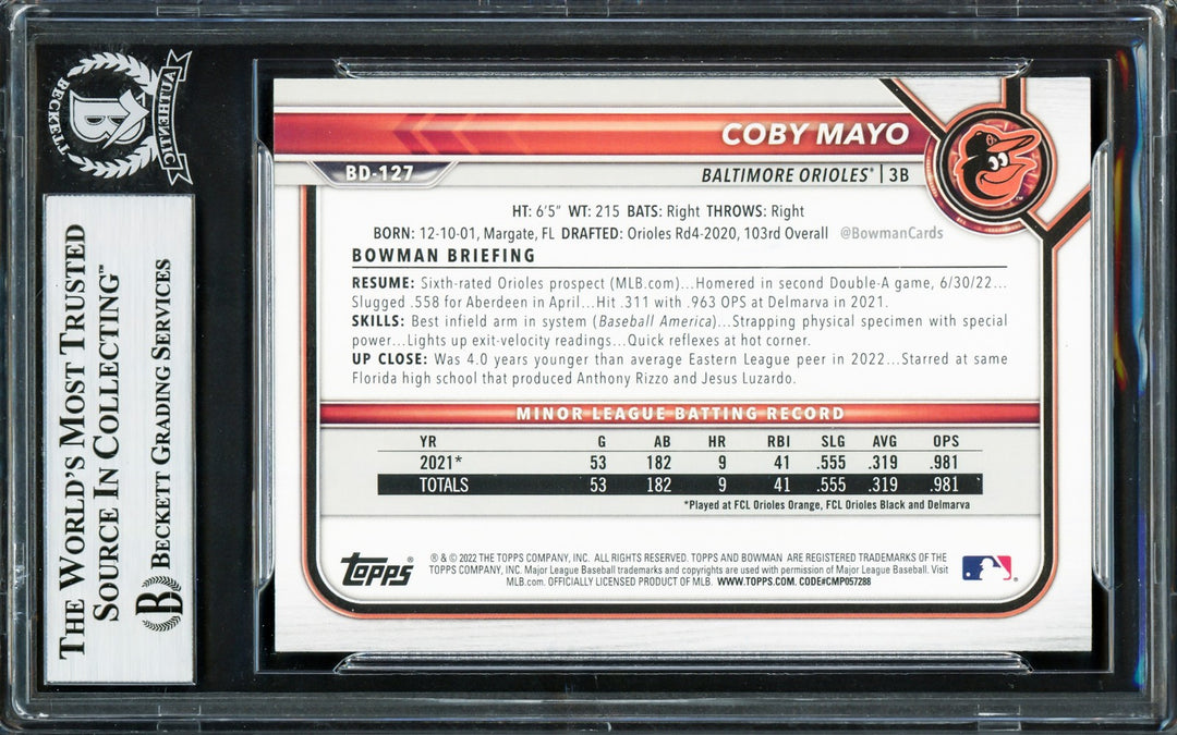 Coby Mayo Signed 2022 Bowman Draft RC BD127 Baltimore Orioles Beckett