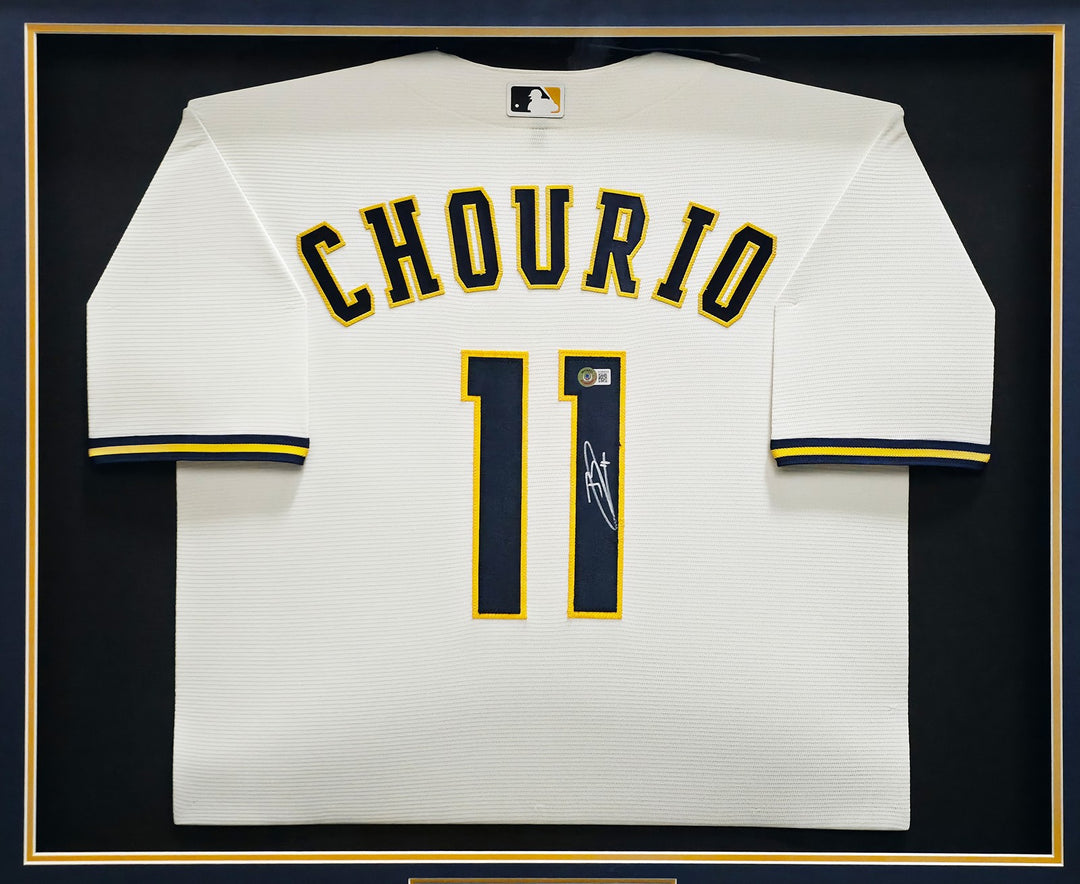 Jackson Chourio Signed Framed Brewers Cream Nike Jersey BAS Witness
