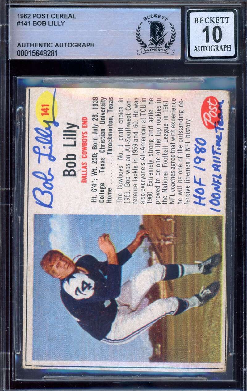 Bob Lilly Gem Mint 10 Beckett BAS Signed 1962 Post Cereal Rookie Autograph