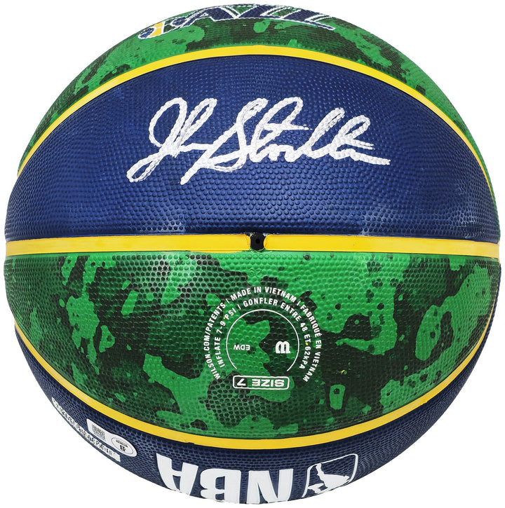 John Stockton Signed Blue & Green Tie-dye Utah Jazz Logo Basketball Beckett Wit
