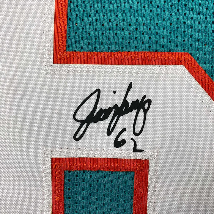 Framed Facsimile Autographed Jim Langer 33x42 Teal Reprint Laser Auto Jersey