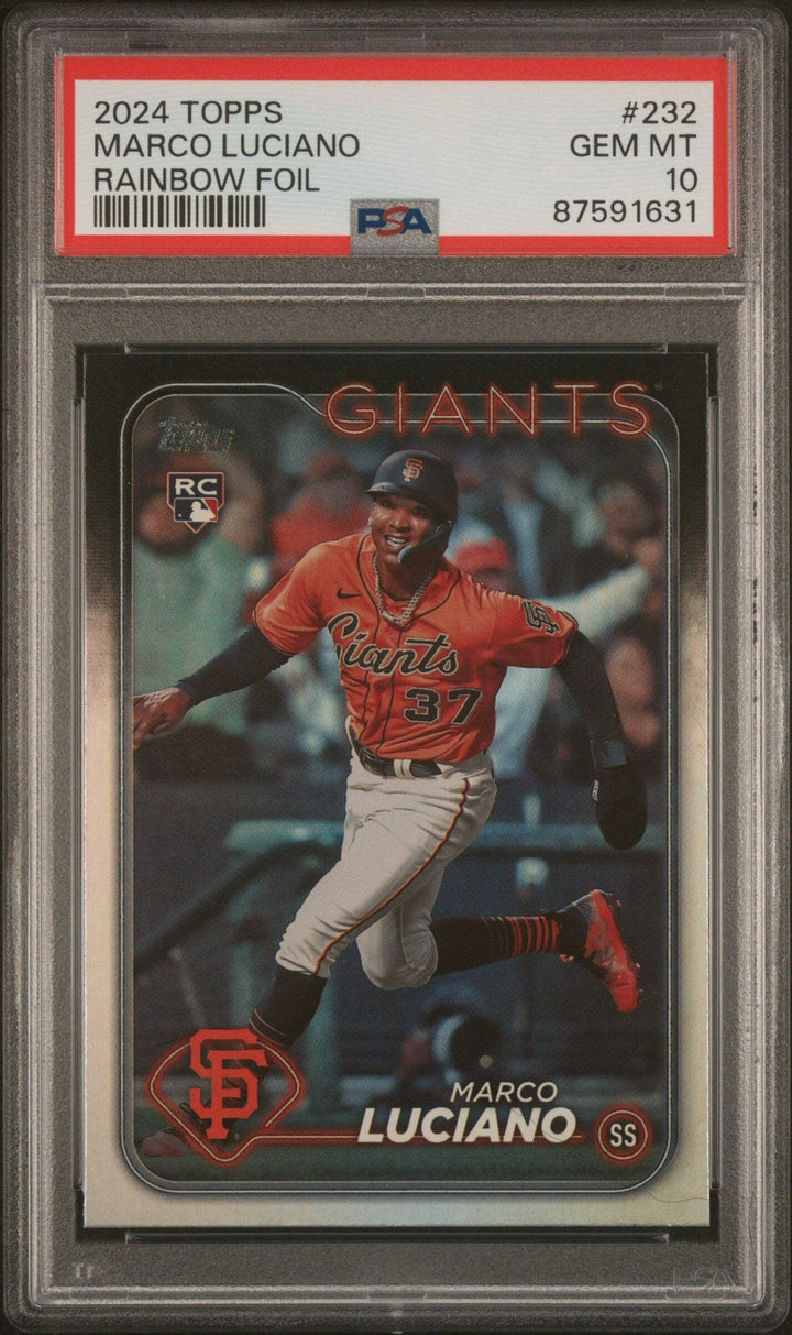 Graded 2024 Topps Marco Luciano #232 Rainbow Foil Rookie Baseball Card PSA 10