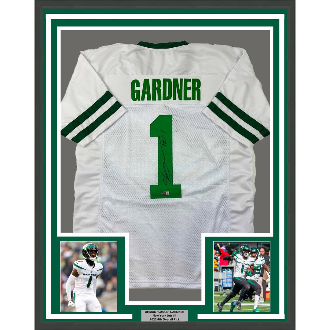Framed Autographed/Signed Ahmad Sauce Gardner 33x42 White Retro Jersey COA