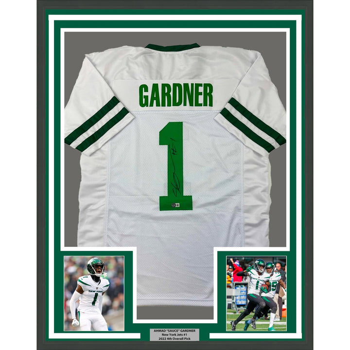 Framed Autographed/Signed Ahmad Sauce Gardner 33x42 White Retro Jersey COA