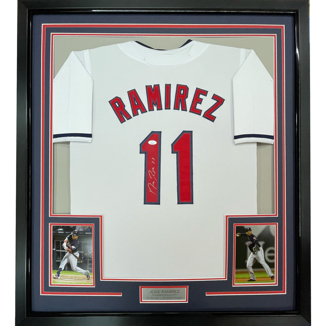 FRAMED Autographed/Signed JOSE RAMIREZ 33x42 Cleveland White Jersey Beckett COA