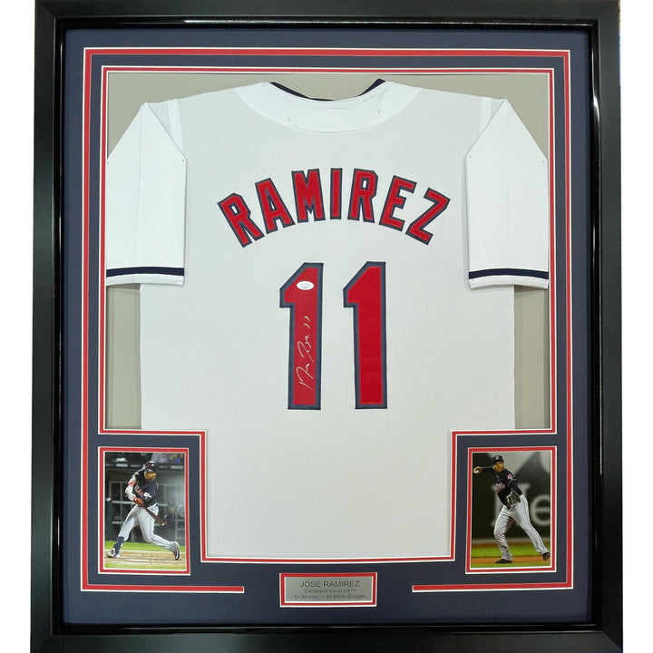 FRAMED Autographed/Signed JOSE RAMIREZ 33x42 Cleveland White Jersey Beckett COA
