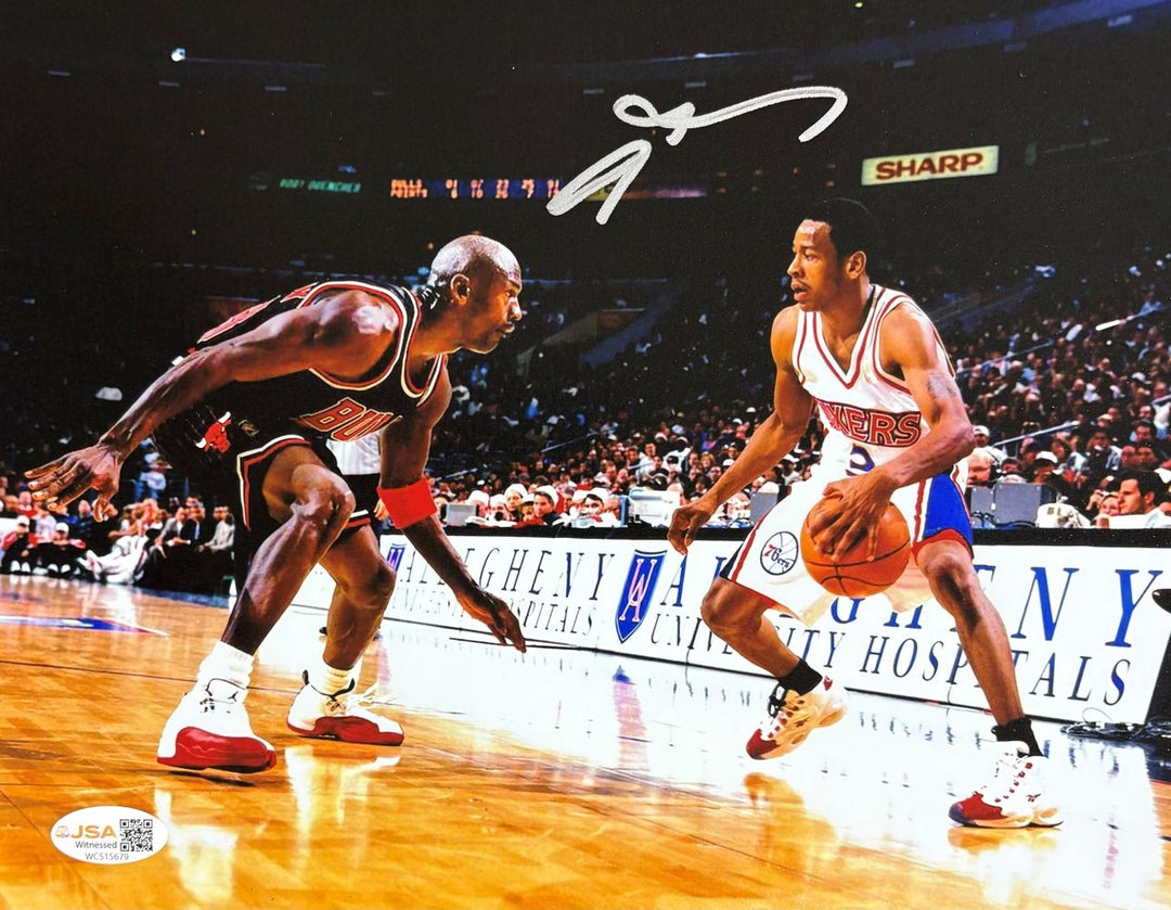 Allen Iverson Signed 8x10 Philadelphia 76ers vs Michael Jordan Photo JSA QR