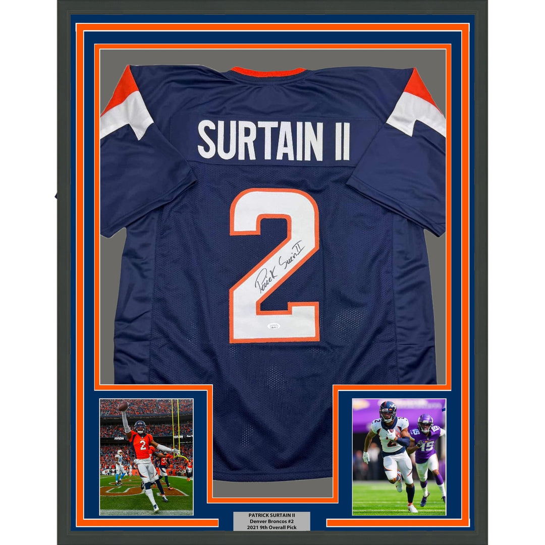Framed Signed Patrick Surtain II 35x39 Denver Blue Jersey JSA COA #2