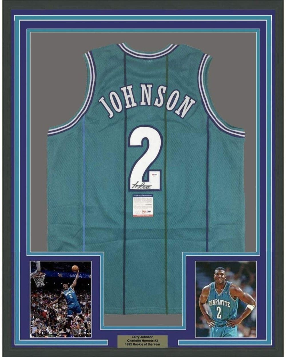 FRAMED Autographed/Signed LARRY JOHNSON 33x42 Charlotte Teal Jersey PSA/DNA COA