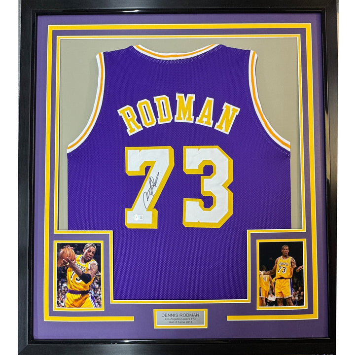 Framed Signed Dennis Rodman 35x39 Los Angeles Purple Jersey PSA COA