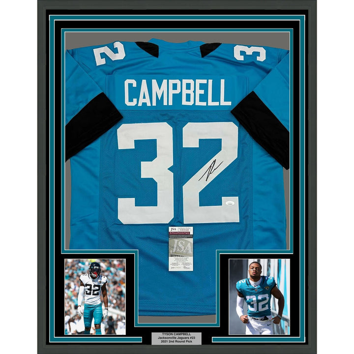 Framed Signed Tyson Campbell 35x39 Jacksonville Teal Jersey JSA COA