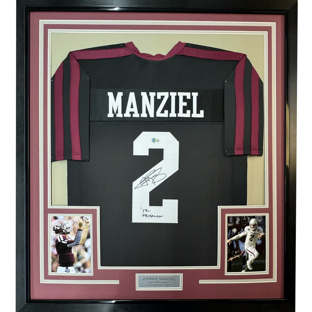 Framed Autographed/Signed Johnny Manziel 12 HT 33x42 A&M Black Jersey JSA COA