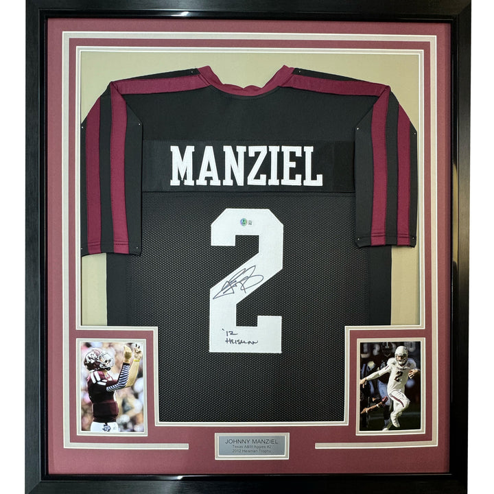Framed Autographed/Signed Johnny Manziel 12 HT 33x42 A&M Black Jersey JSA COA