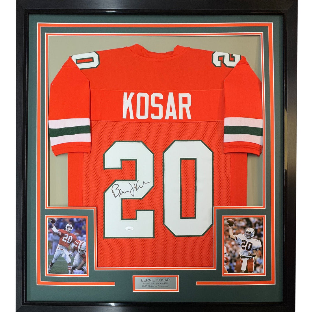 FRAMED Autographed/Signed BERNIE KOSAR 35x39 Miami Orange Jersey JSA COA