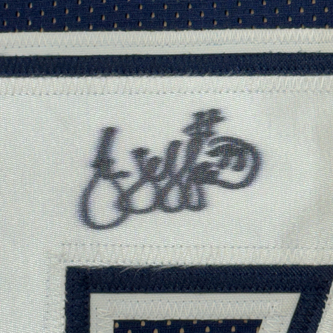 FRAMED Autographed/Signed JIM JEFFCOAT 33x42 Dallas Blue Jersey JSA COA Auto