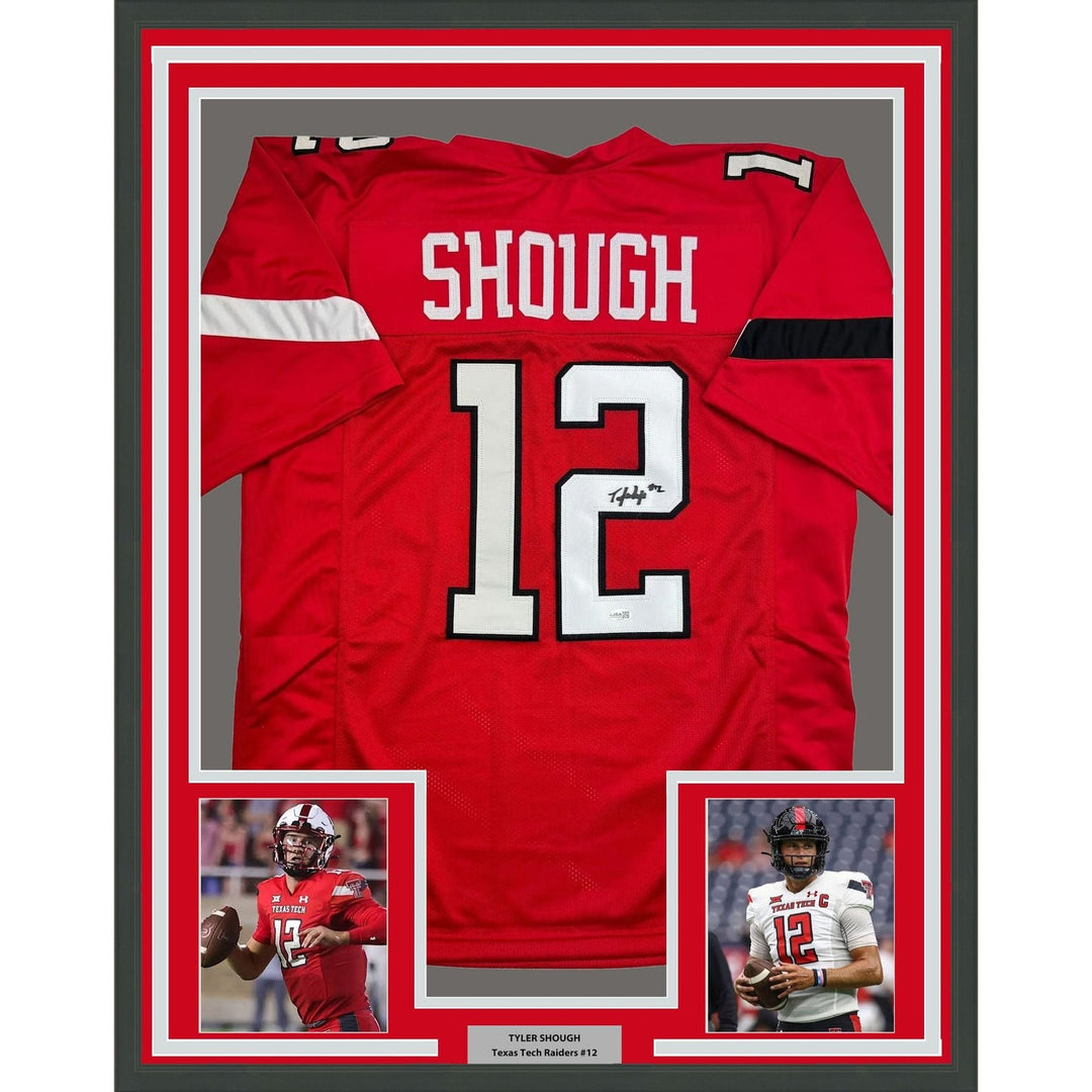 Framed Autographed/Signed Tyler Shough 35x39 Texas Tech Red Jersey JSA COA