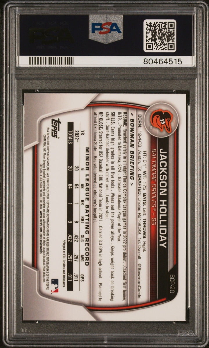 Graded 2023 Bowman Jackson Holliday #BCP20 Chrome Prospects Card PSA 10