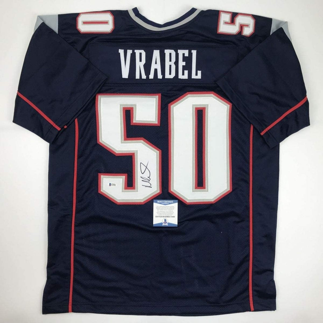 Autographed/Signed Mike Vrabel New England Blue Jersey Beckett BAS COA