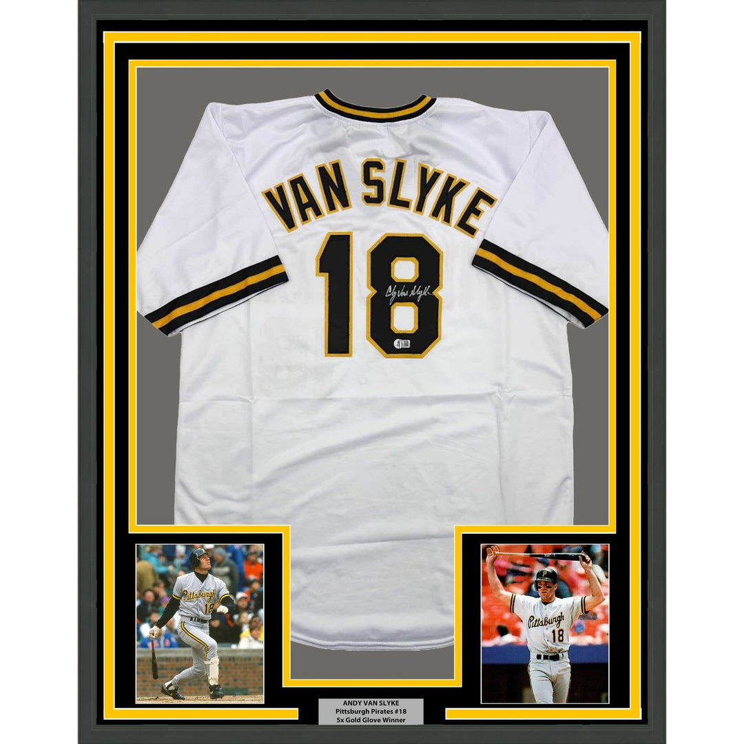 Framed Autographed/Signed Andy Van Slyke 35x39 Pittsburgh White Jersey COA