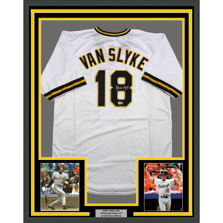 Framed Autographed/Signed Andy Van Slyke 35x39 Pittsburgh White Jersey COA