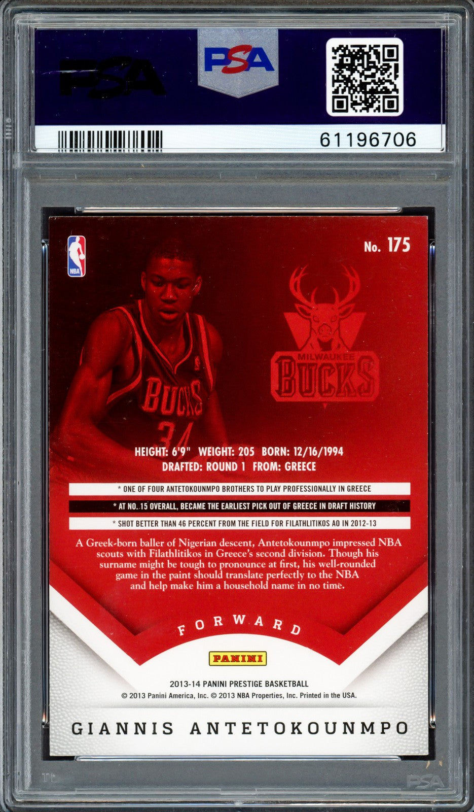 Giannis Antetokounmpo Auto 2013 Panini Prestige RC 175 Bucks Auto GM 10 PSA/DNA