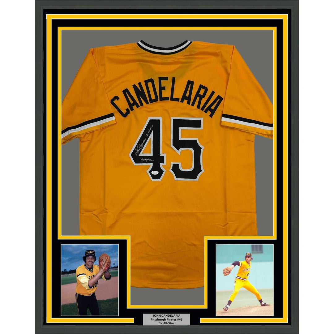 Framed Signed John Candelaria 35x39 Pittsburgh Yellow Jersey JSA COA