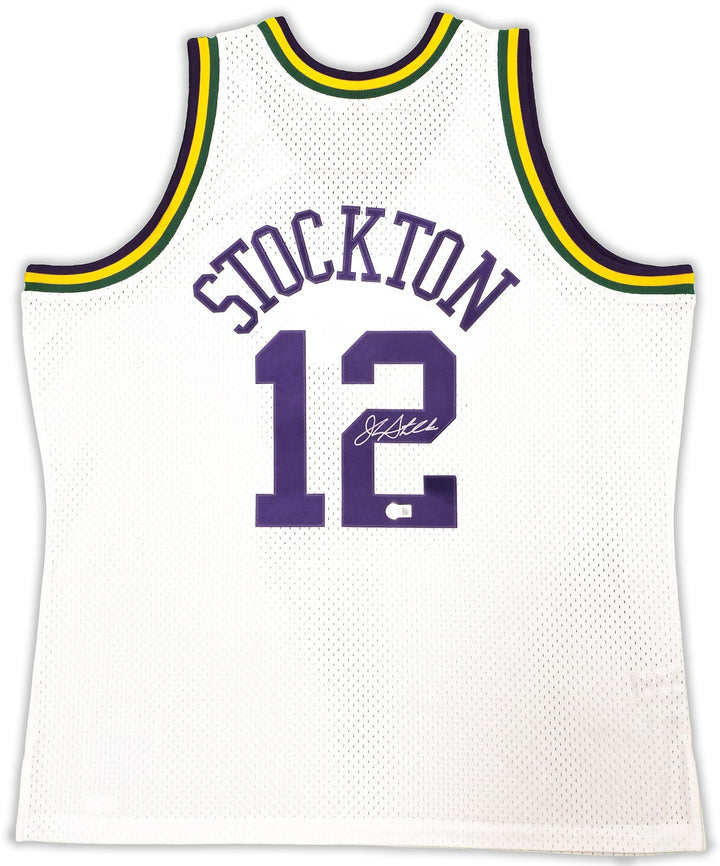 Jazz John Stockton Auto White Auth Mitchell Ness 91-92 HWC Swingman Jersey BAS